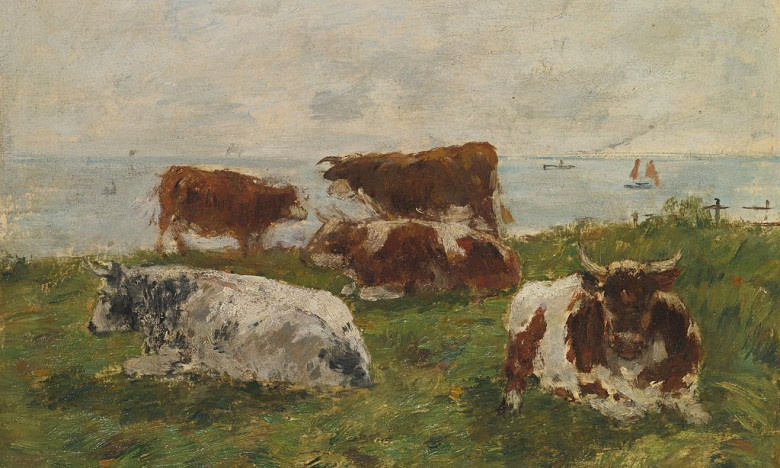 Eugène Boudin "Vaches au pré au bord de la mer"