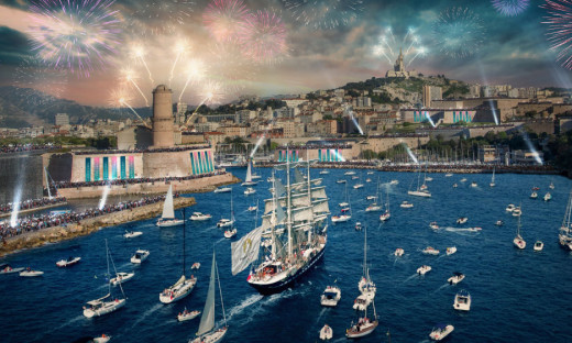 Arrival of Olympic Torch May 8, 2024 in Marseille on tall ship Le Belem