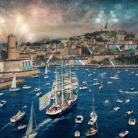 Arrival of Olympic Torch May 8, 2024 in Marseille on tall ship Le Belem